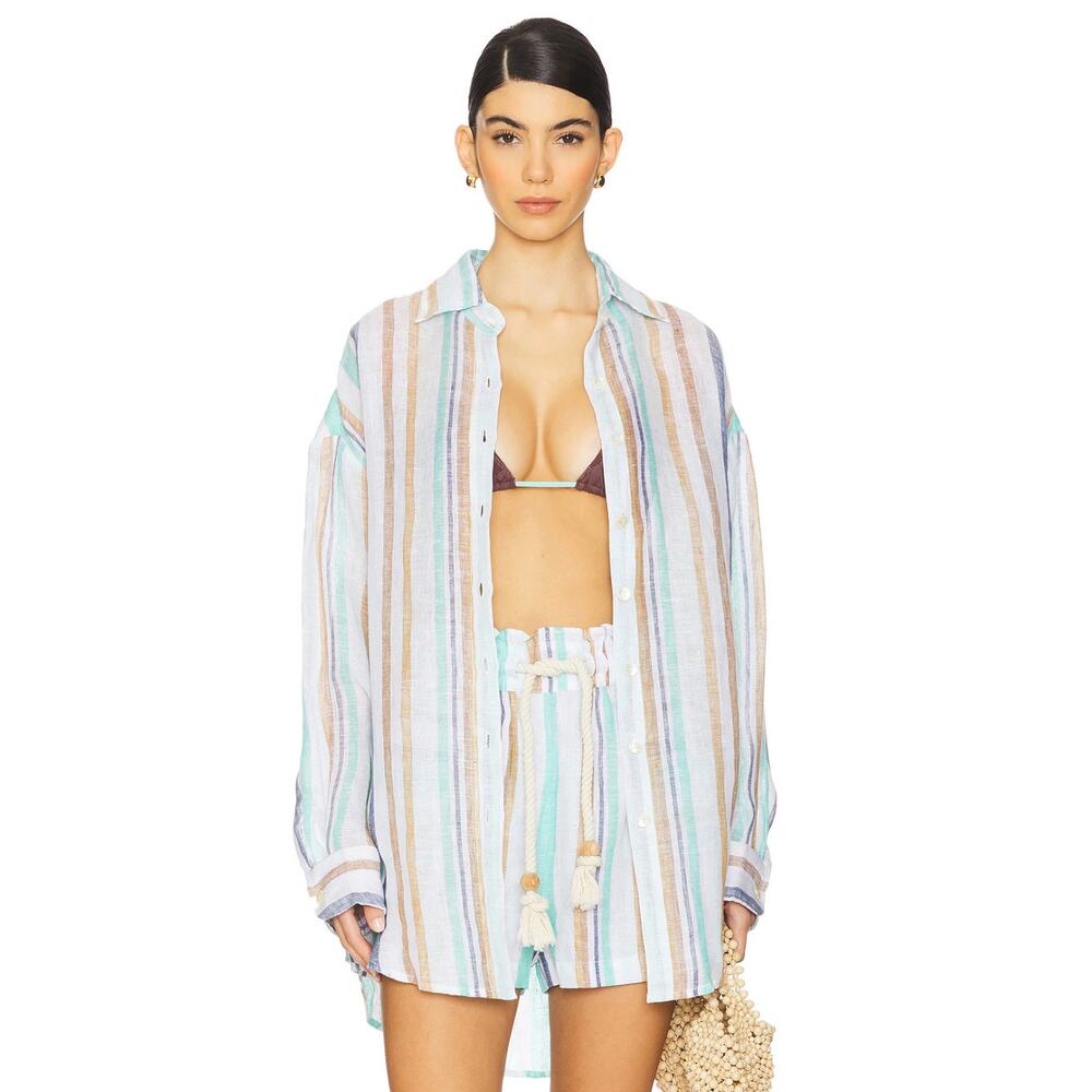 Blue Tan Vitamin A Playa Linen Oversized Boyfriend Shirt Cover Up XS